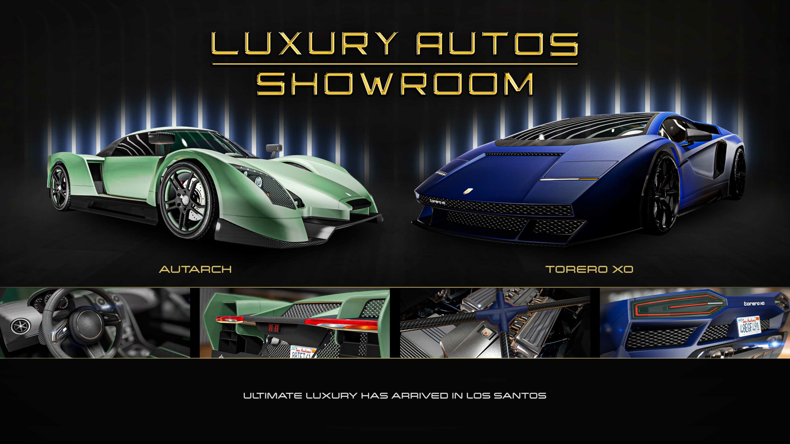 Cartaz da Luxury Autos com o Överflöd Autarch verde-fosco e o Pegassi Torero XO azul-escuro fosco