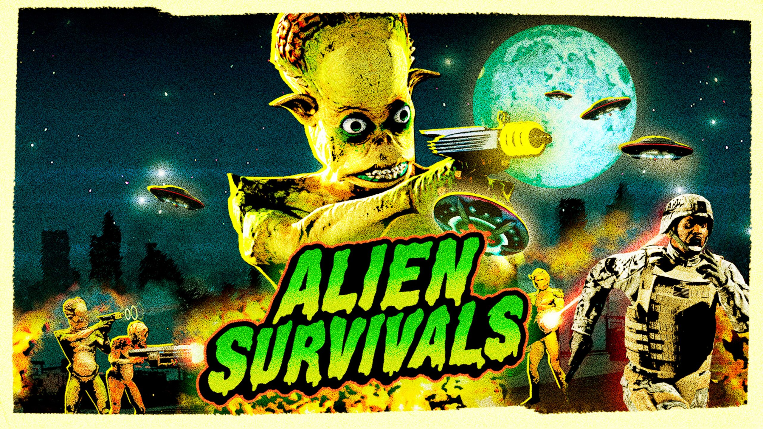 Pôster do evento Sobrevivências Alienígenas com extraterrestres amarelos disparando armas alienígenas.