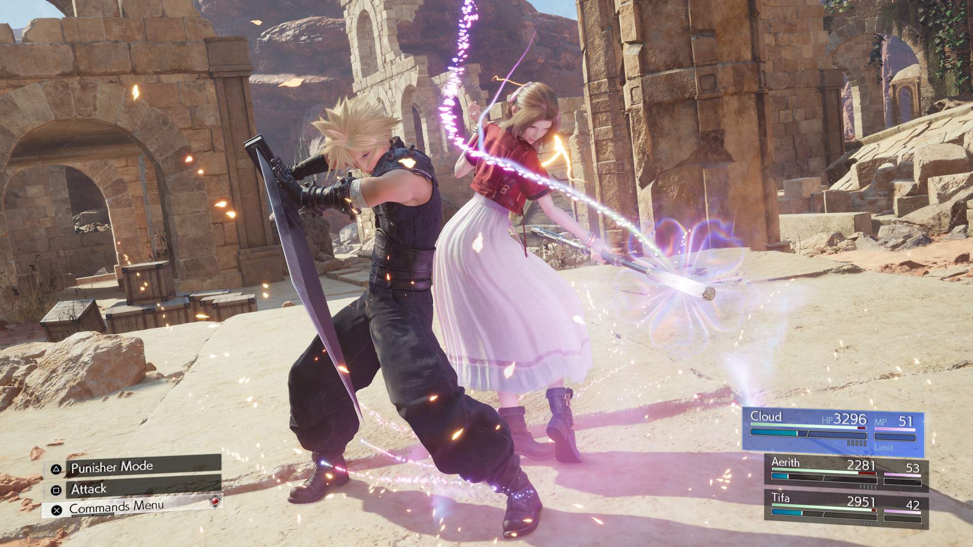 Cloud e Aerith usando ataque Firework Blade Synergy