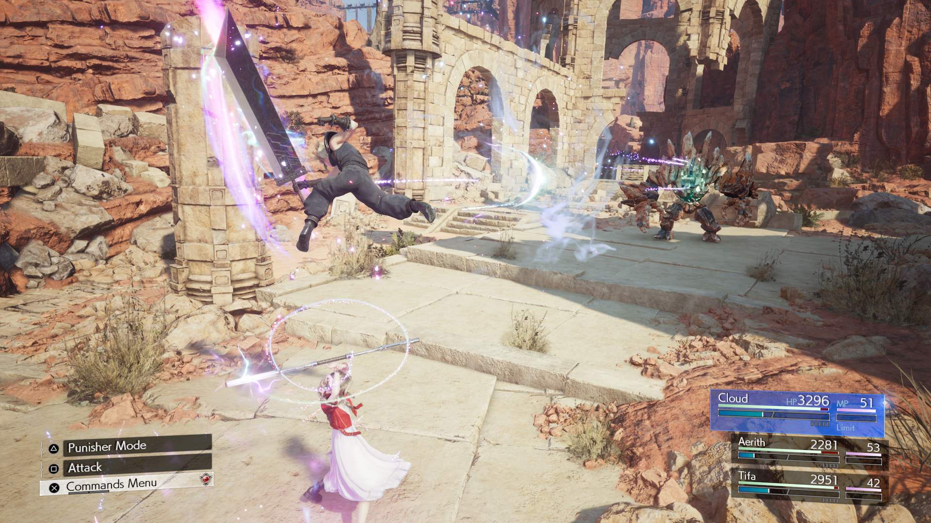 Cloud e Aerith usando ataque Firework Blade Synergy