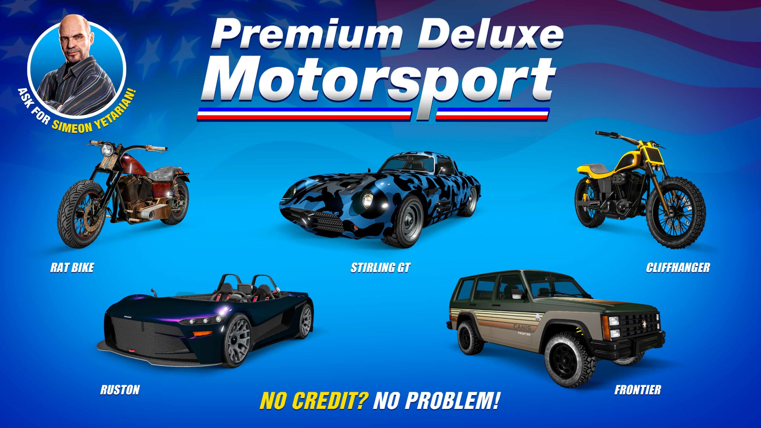 Pôster da Premium Deluxe Motorsport com cinco veículos: Benefactor Stirling GT, Canis Seminole Frontier, Western Cliffhanger, Hijak Ruston, Western Rat Bike.