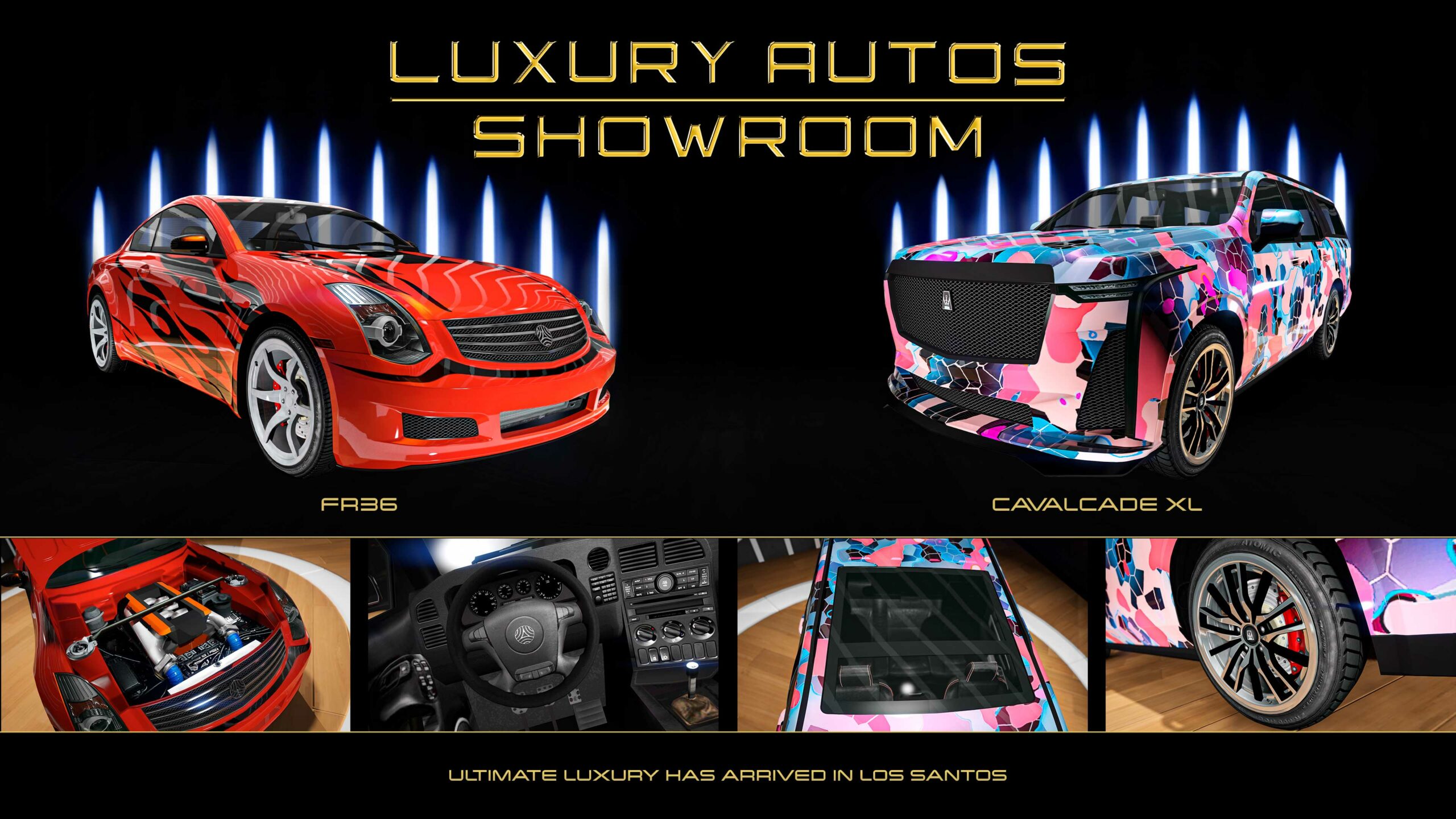 Pôster com dois veículos da Luxury Autos. Esquerda: um Fathom FR36 vermelho com estampa de chamas. Direita: um Albany Cavalcade XL com estampa de mosaico azul, rosa e roxa.