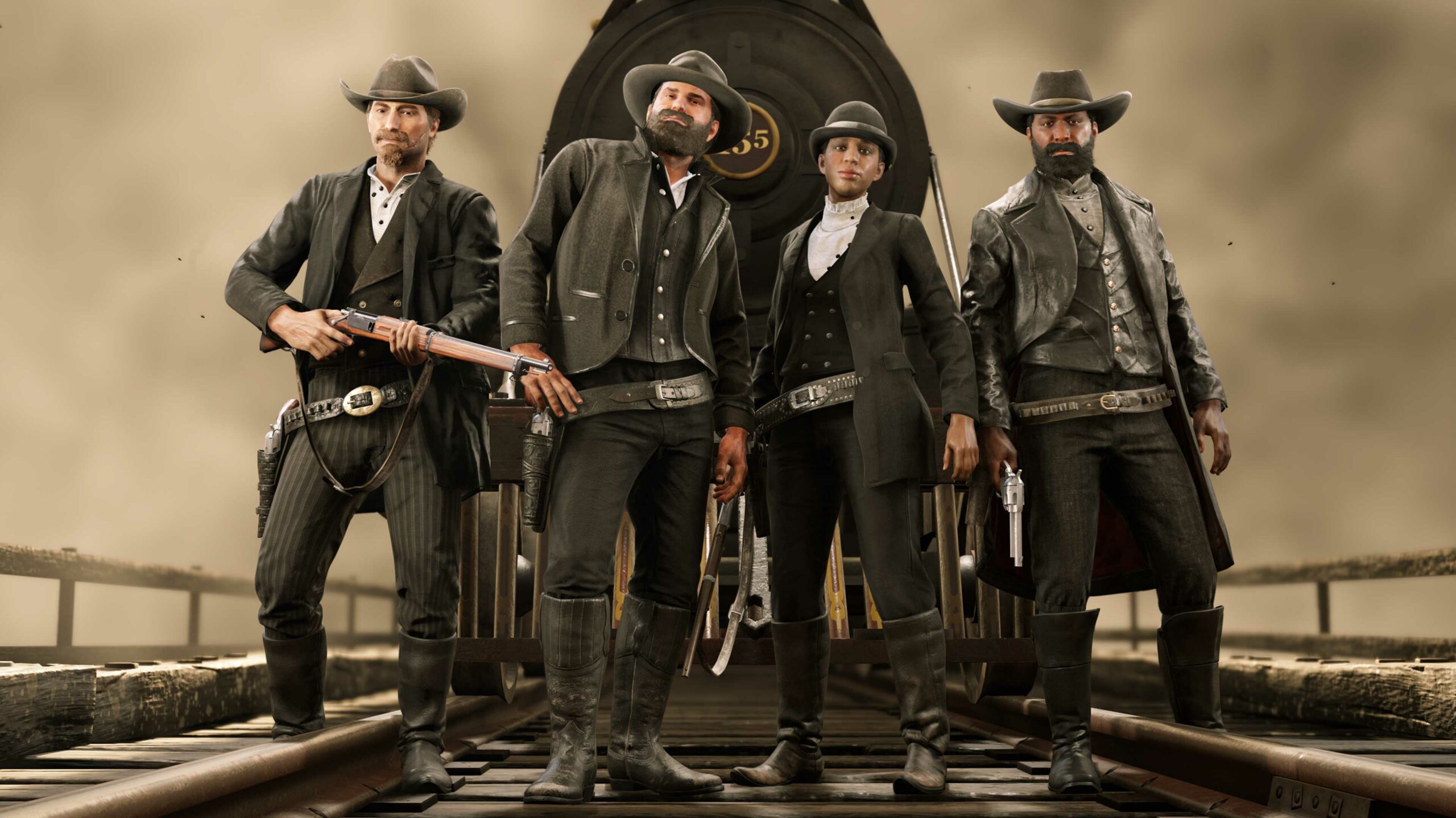 Quatro personagens de Red Dead Online na frente de um trem.