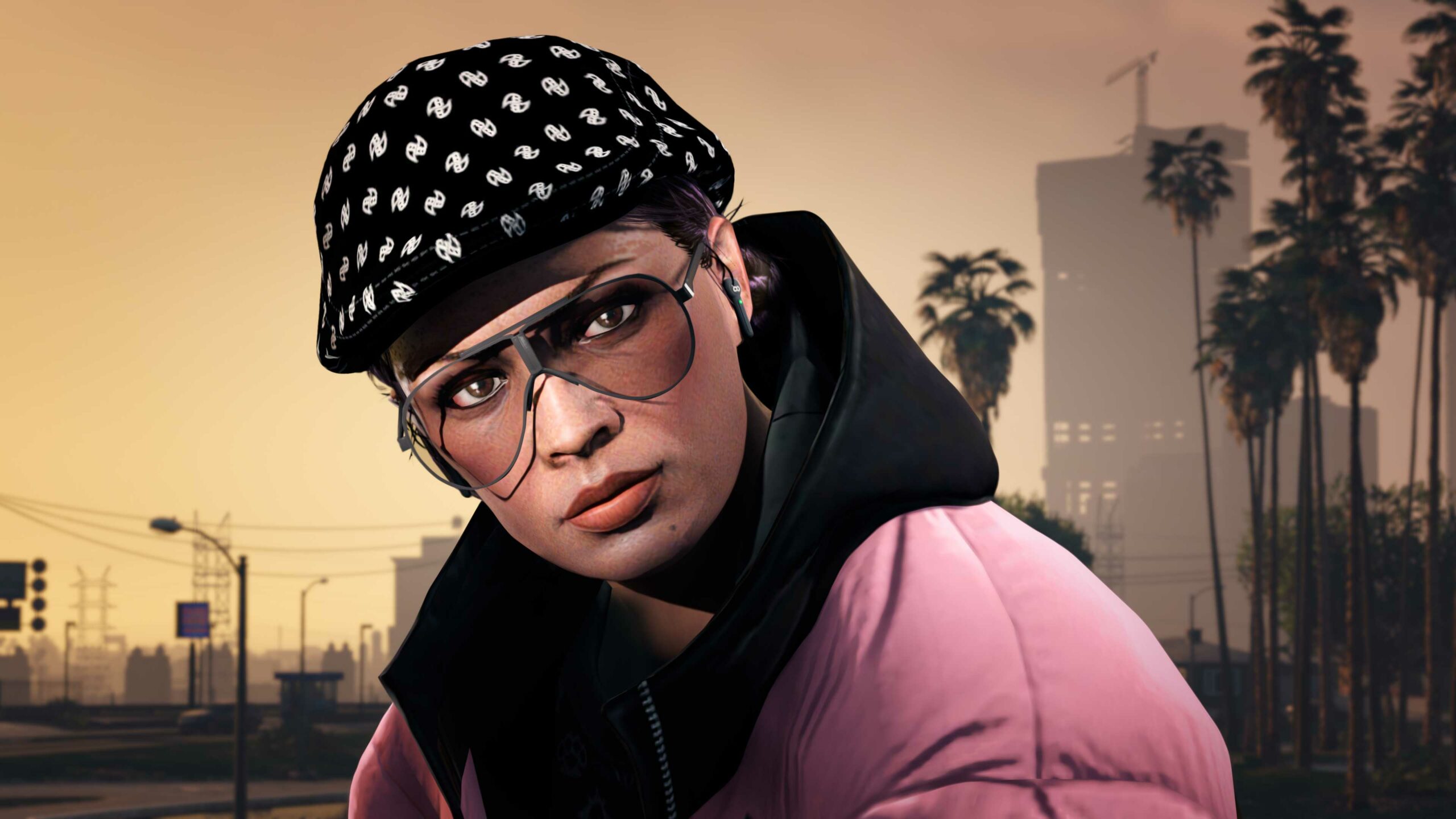 imagem de um personagem de GTA Online com a boina Broker preta e o fone auricular Beat Off preto