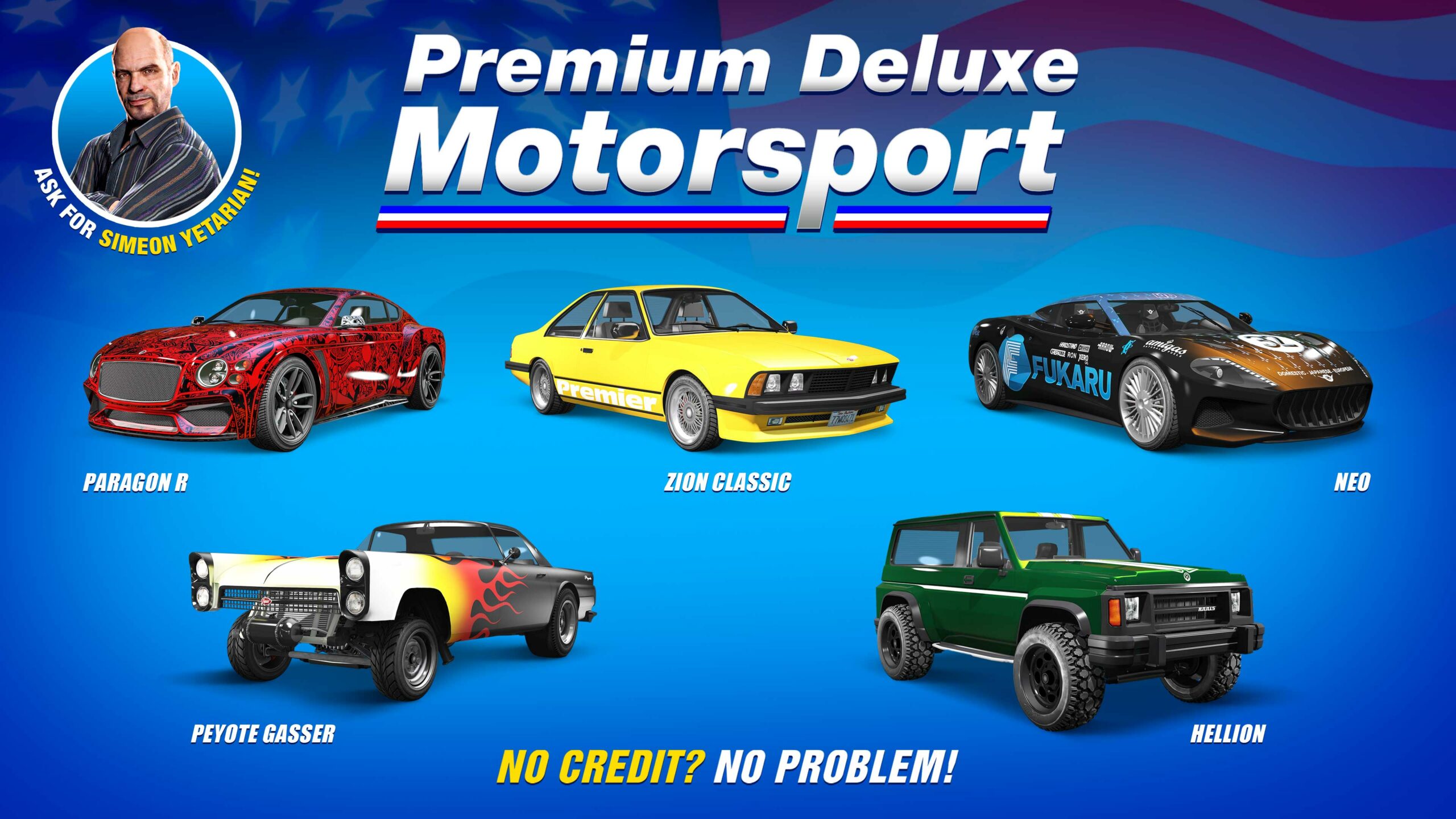 Pôster de cinco veículos da Premium Deluxe Motorsport: Vysser Neo, Enus Paragon R, Annis Hellion, Übermacht Zion Clássico, Vapid Peyote Gasser.