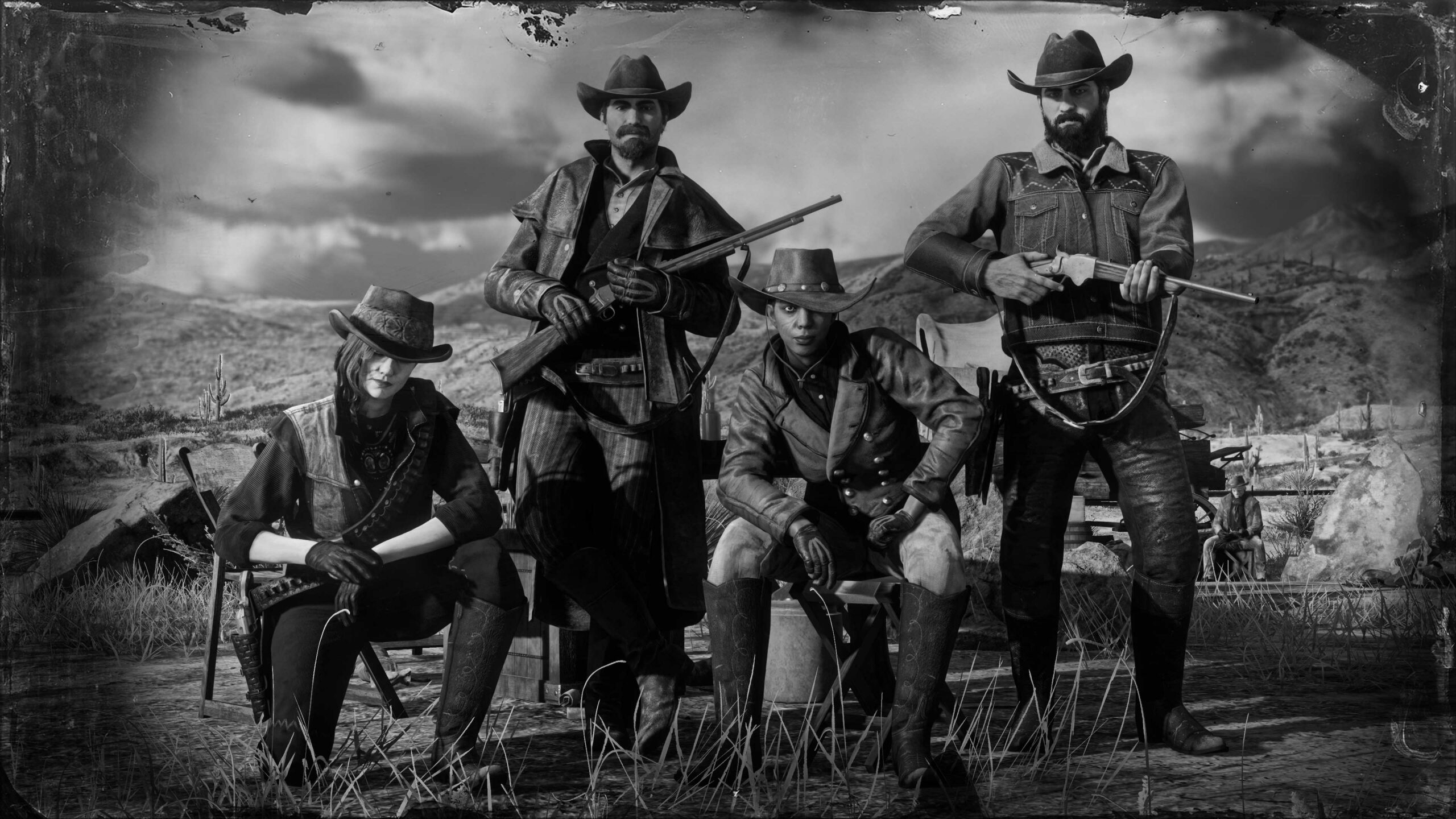 Bando de quatro jogadores de Red Dead Online posando para um autorretrato.