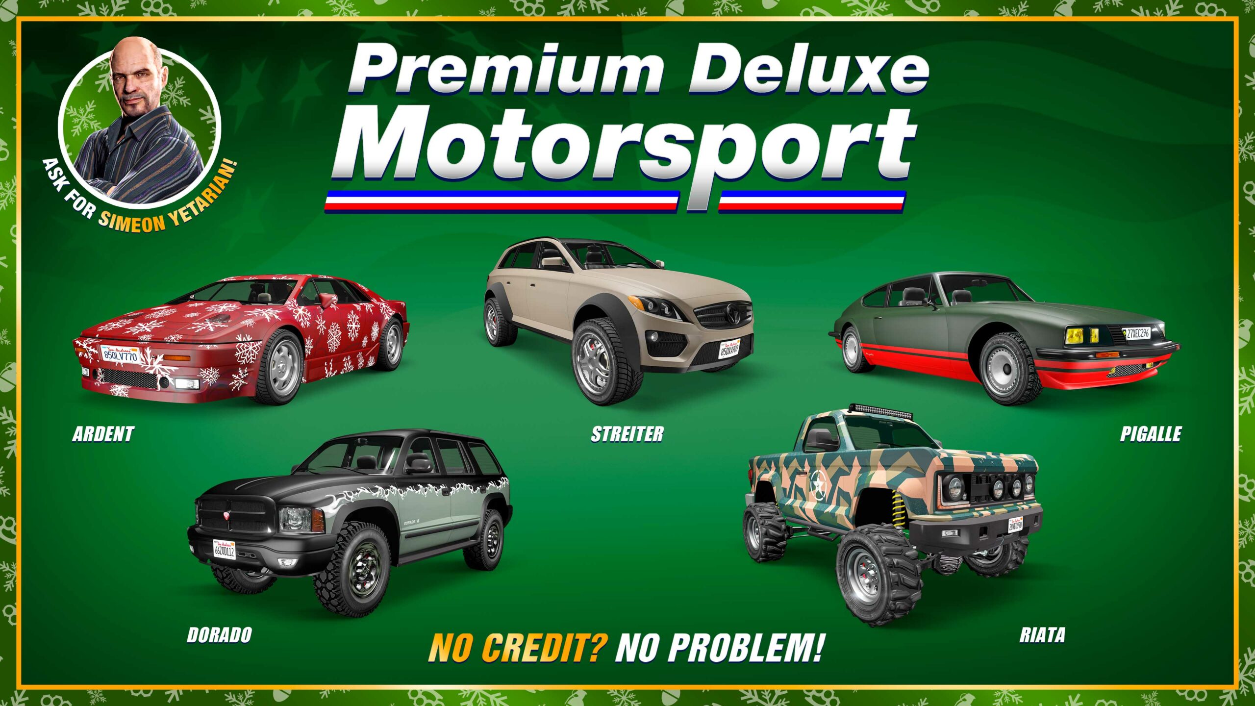 Pôster da concessionária Premium Deluxe Motorsport com a Bravado Dorado, Ocelot Ardent, Benefactor Streiter, Vapid Riata e Lampadati Pigalle