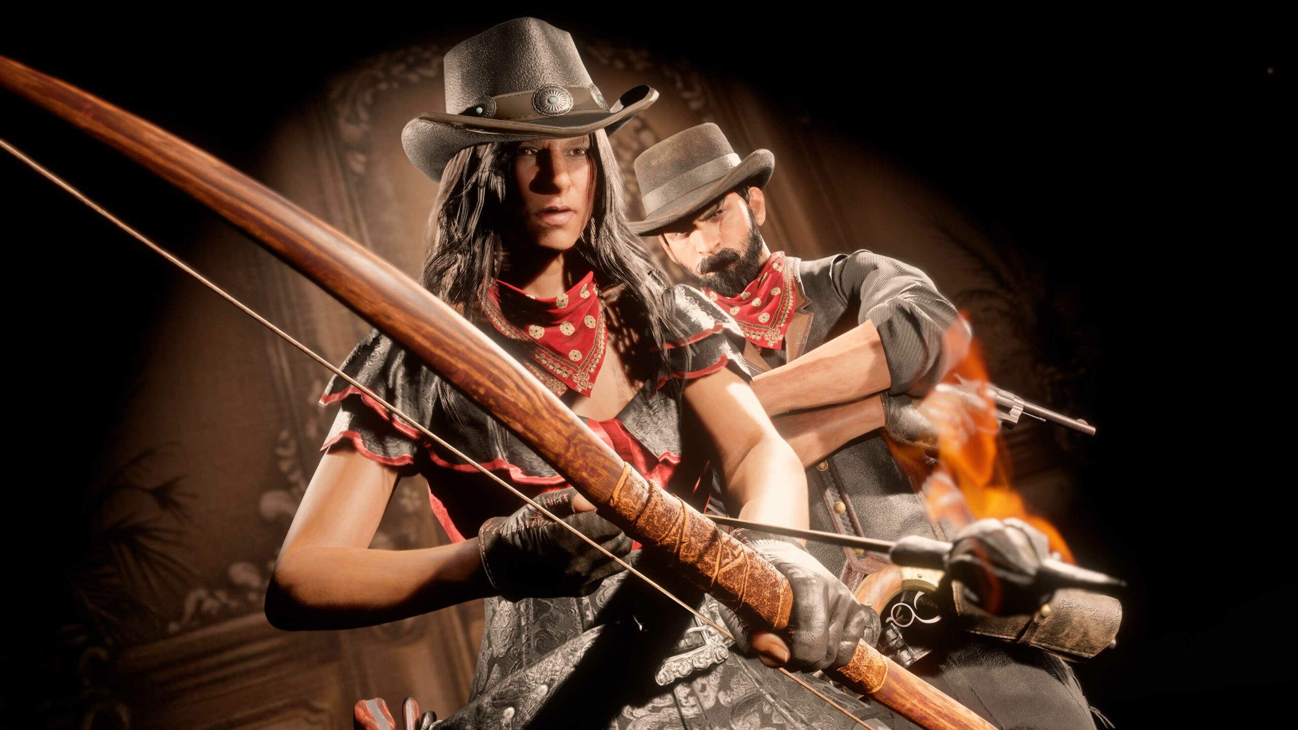 Imagem de dois personagens de Red Dead Online usando a Bandana Estampada