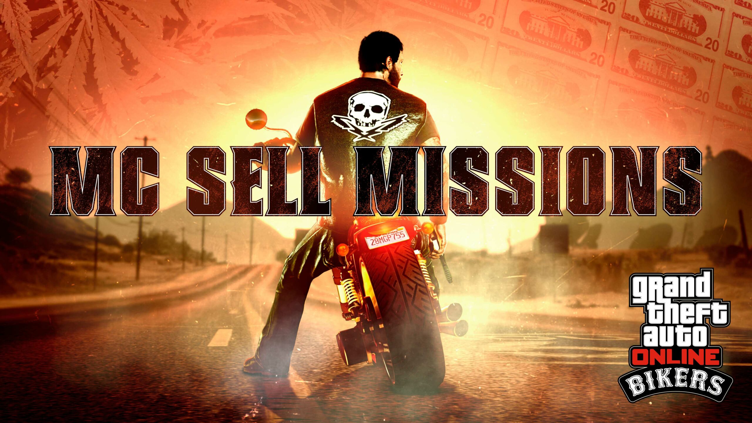 imagem de um Motoqueiro em uma moto no GTA Online com logotipo de missões de venda de MC