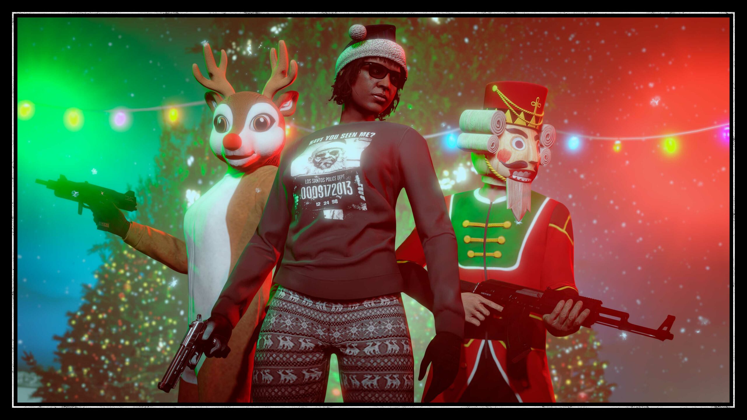 imagem de personagens no GTA Online usando novas roupas festivas