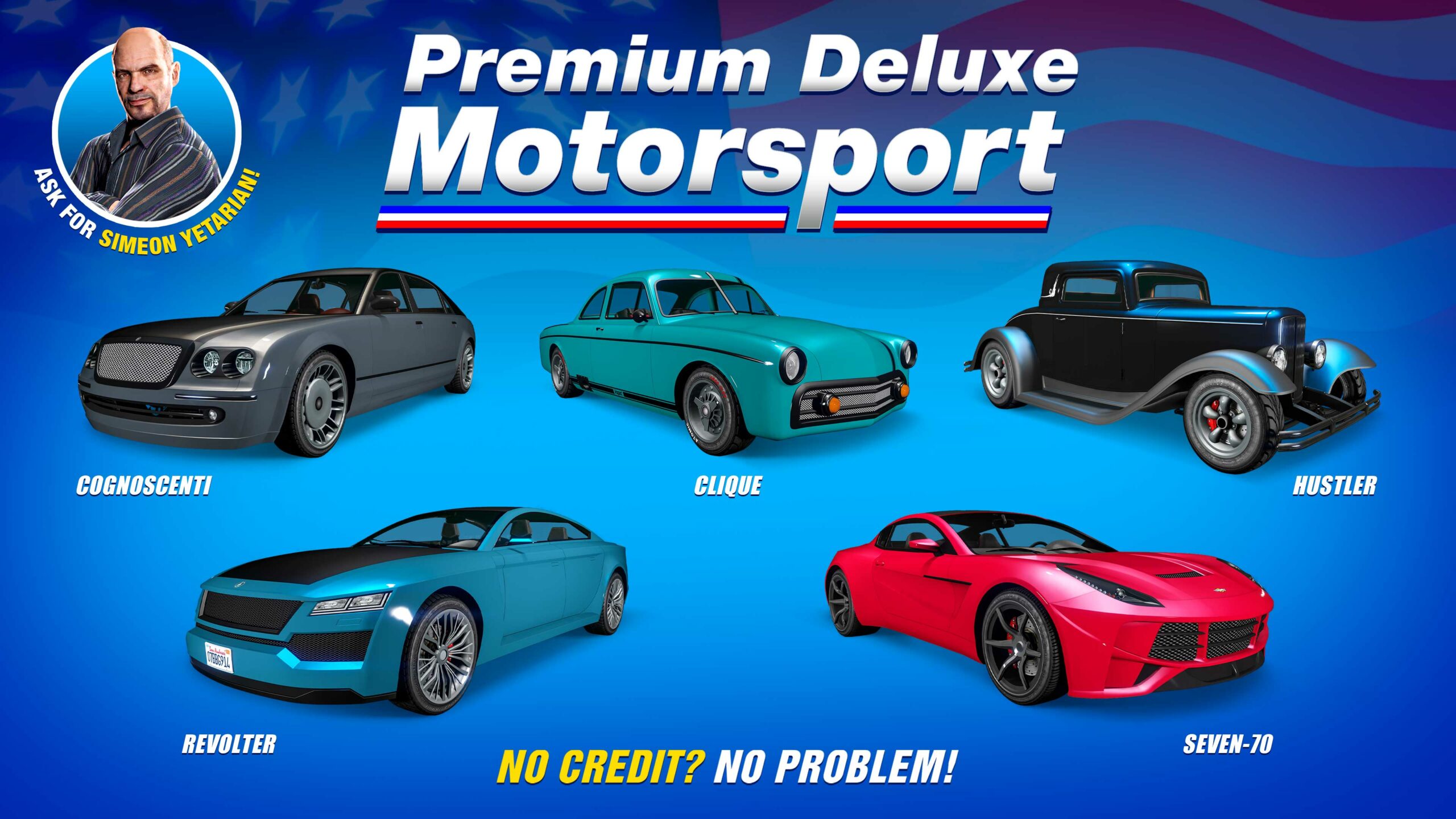 Pôster da concessionária Premium Deluxe Motorsport com cinco veículos: Übermacht Revolter, Vapid Clique, Dewbauchee Seven-70, Vapid Hustler, Enus Cognoscenti.