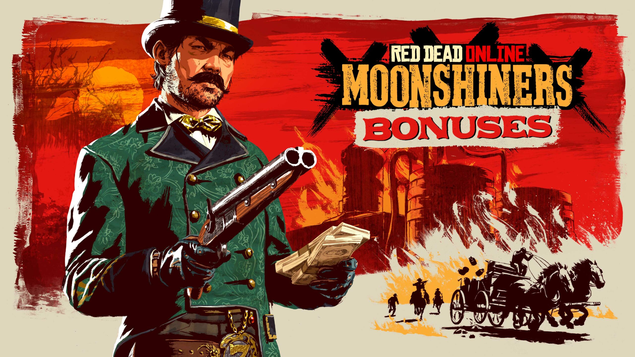 Pôster de bônus para Moonshiners no Red Dead Online com o personagem Marcel segurando uma escopeta de cano serrado e dinheiro.