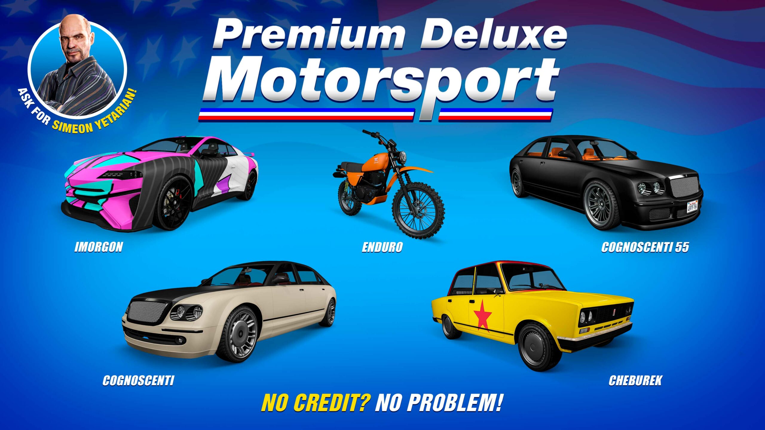 Pôster da Premium Deluxe Motorsport com cinco veículos: Överflöd Imorgon, RUNE Cheburek, Dinka Enduro, Enus Cognoscenti e Enus Cognoscenti 55.