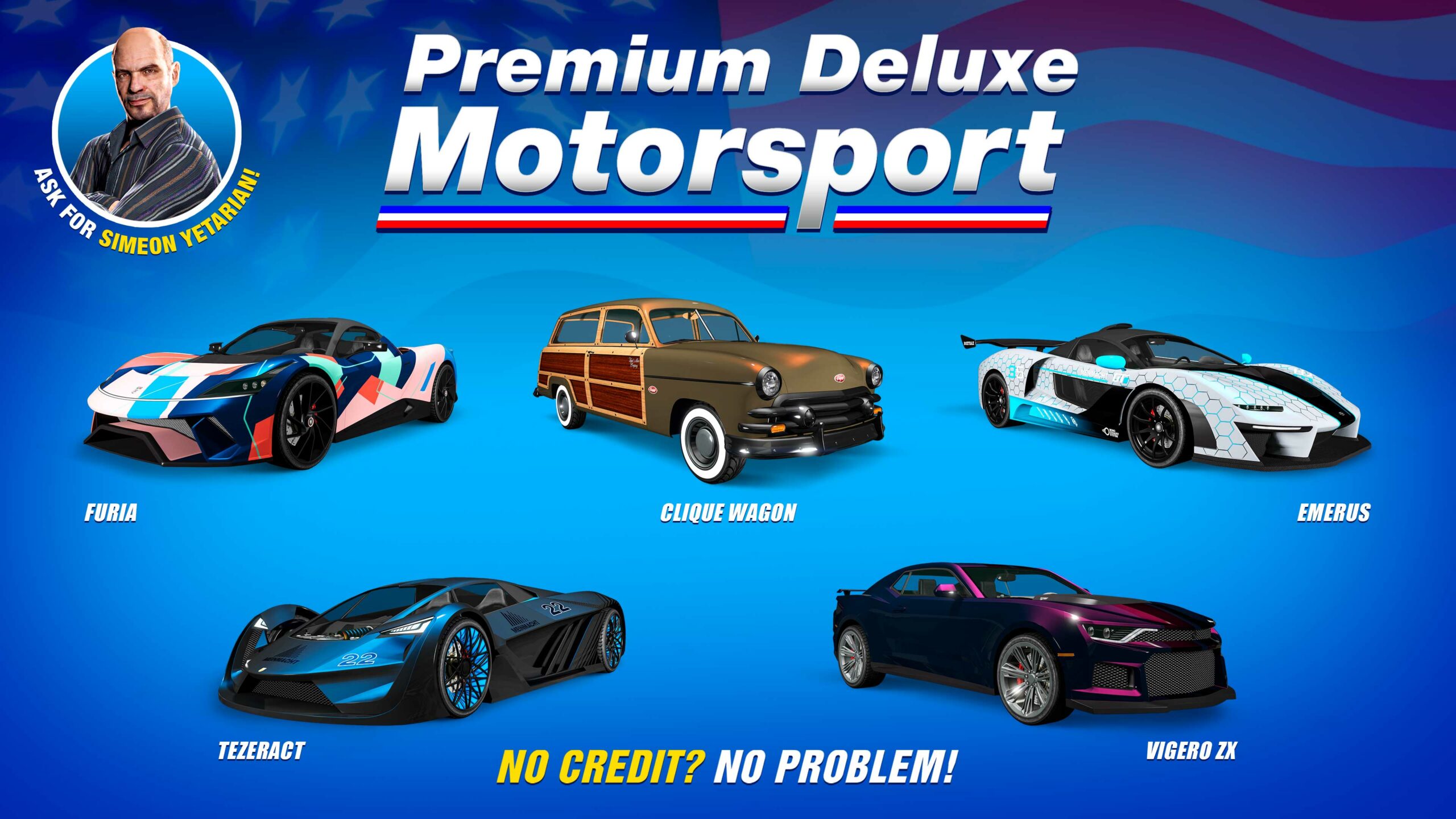 Pôster da concessionária Premium Deluxe Motorsport com Pegassi Tezeract, Progen Emerus, Grotti Furia, Vapid Clique Wagon e Declasse Vigero ZX