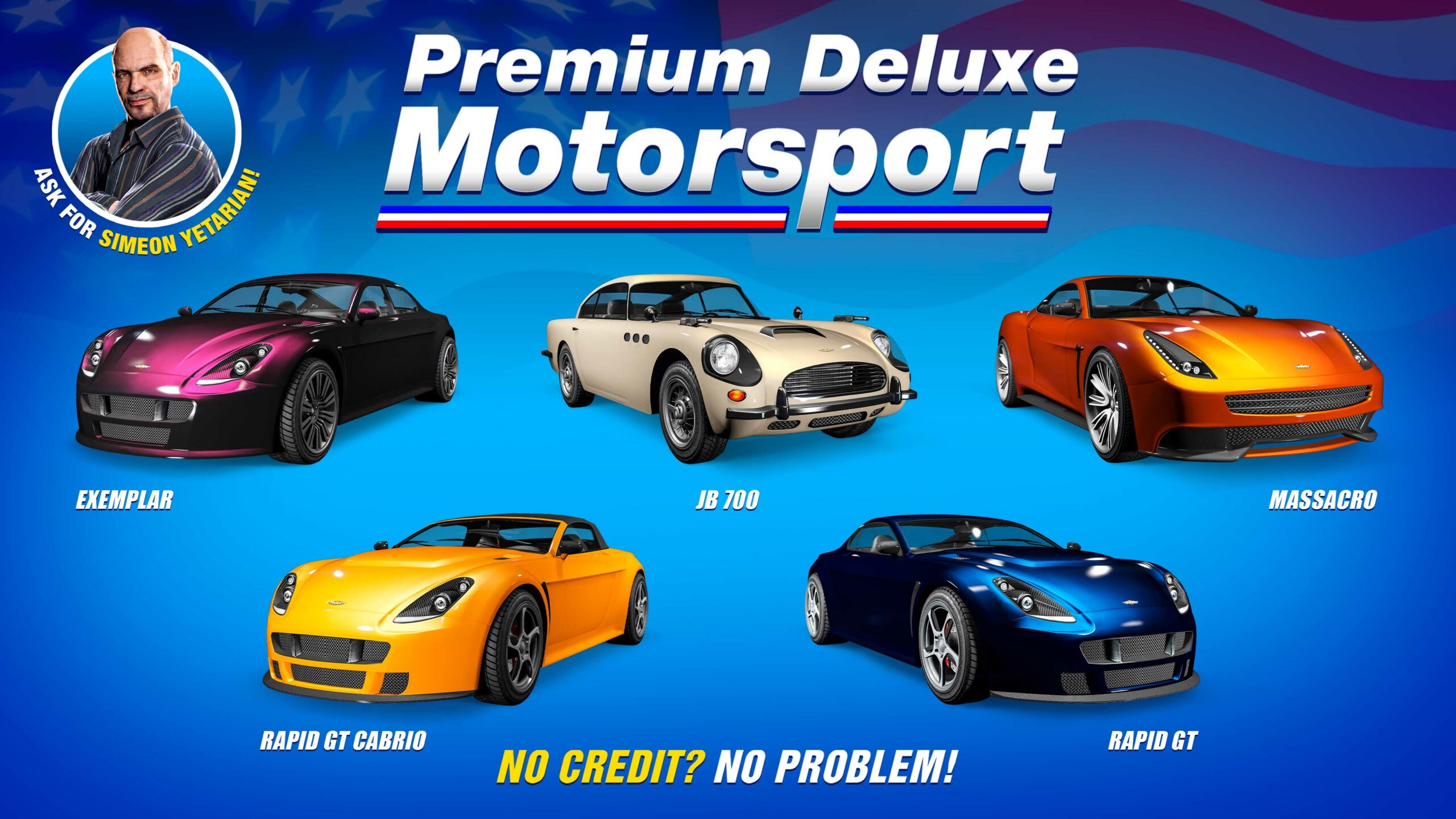 Pôster da Premium Deluxe Motorsport com cinco veículos: Dewbauchee JB 700, Dewbauchee Massacro, Dewbauchee Exemplar, Dewbauchee Rapid GT e Dewbauchee Rapid GT Cabrio.