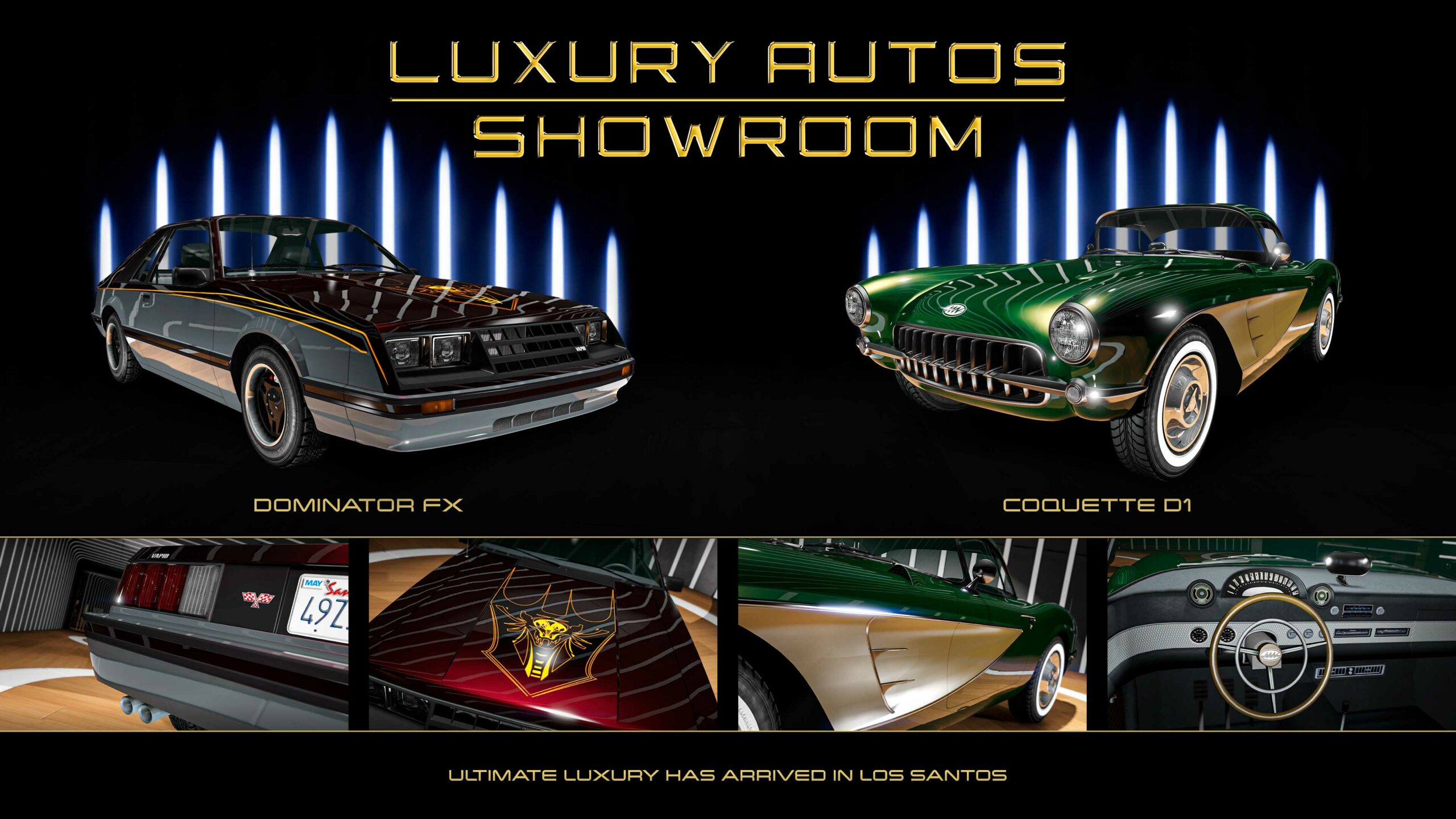 Cartaz de dois veículos da Luxury Autos. À esquerda: um carro Dominator FX de três portas com capô e teto pretos, laterais cinzas e decorado com detalhes amarelos, incluindo uma cobra dentro de um escudo no capô. À direita: um carro Coquette D1 de três portas nas cores verde e dourado metálicos e aros dourados.