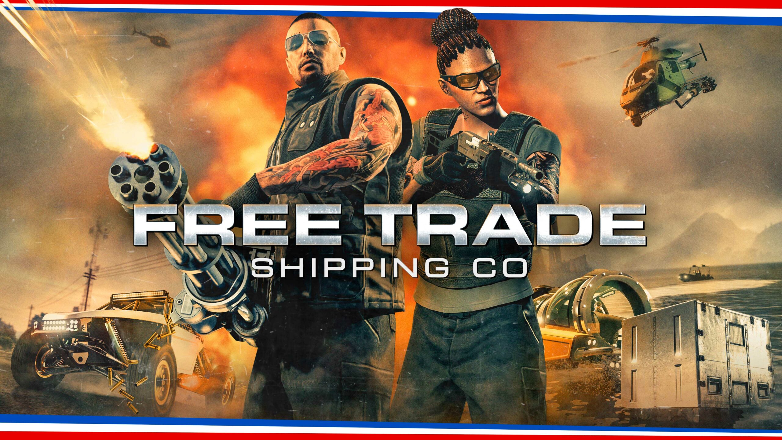 Logotipo da Free Trade Shipping Co. e pessoas com armas perto de um helicóptero no ar