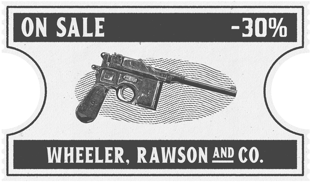 Promoção de Pistola Mauser. Desconto de trinta por cento. Item nove de dez.