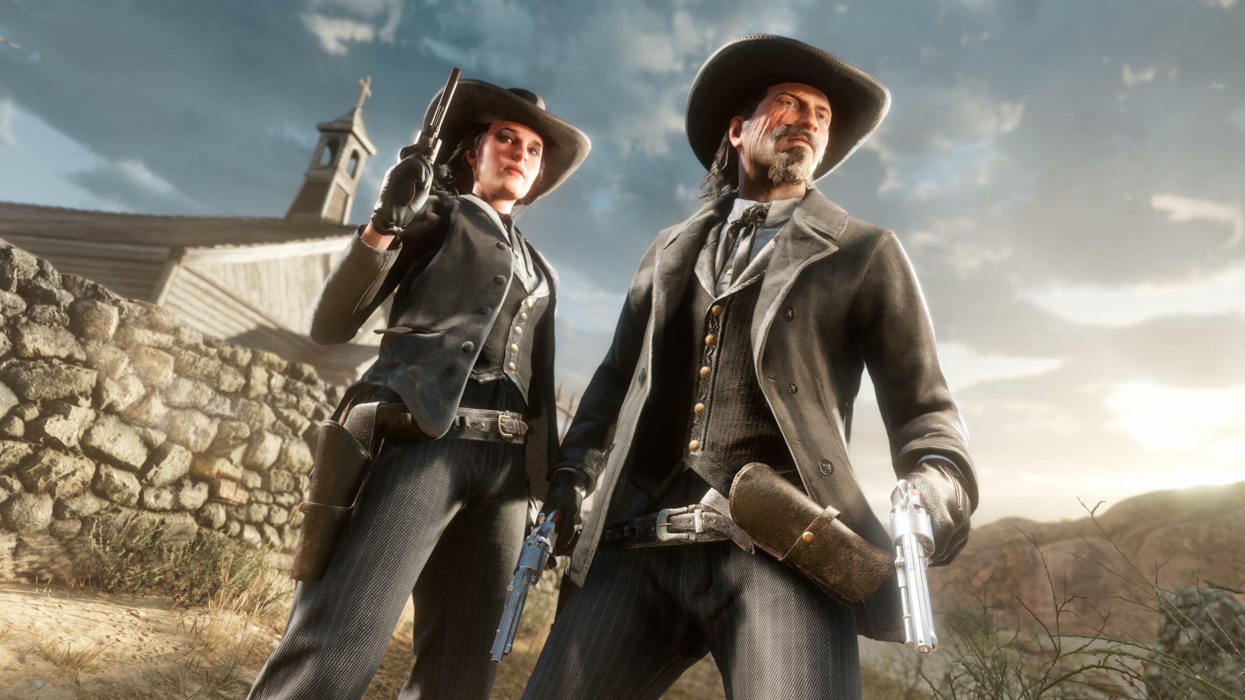 Imagem de dois personagens de Red Dead Online usando o traje inspirado na comunidade criado por EinsamerWolf2000