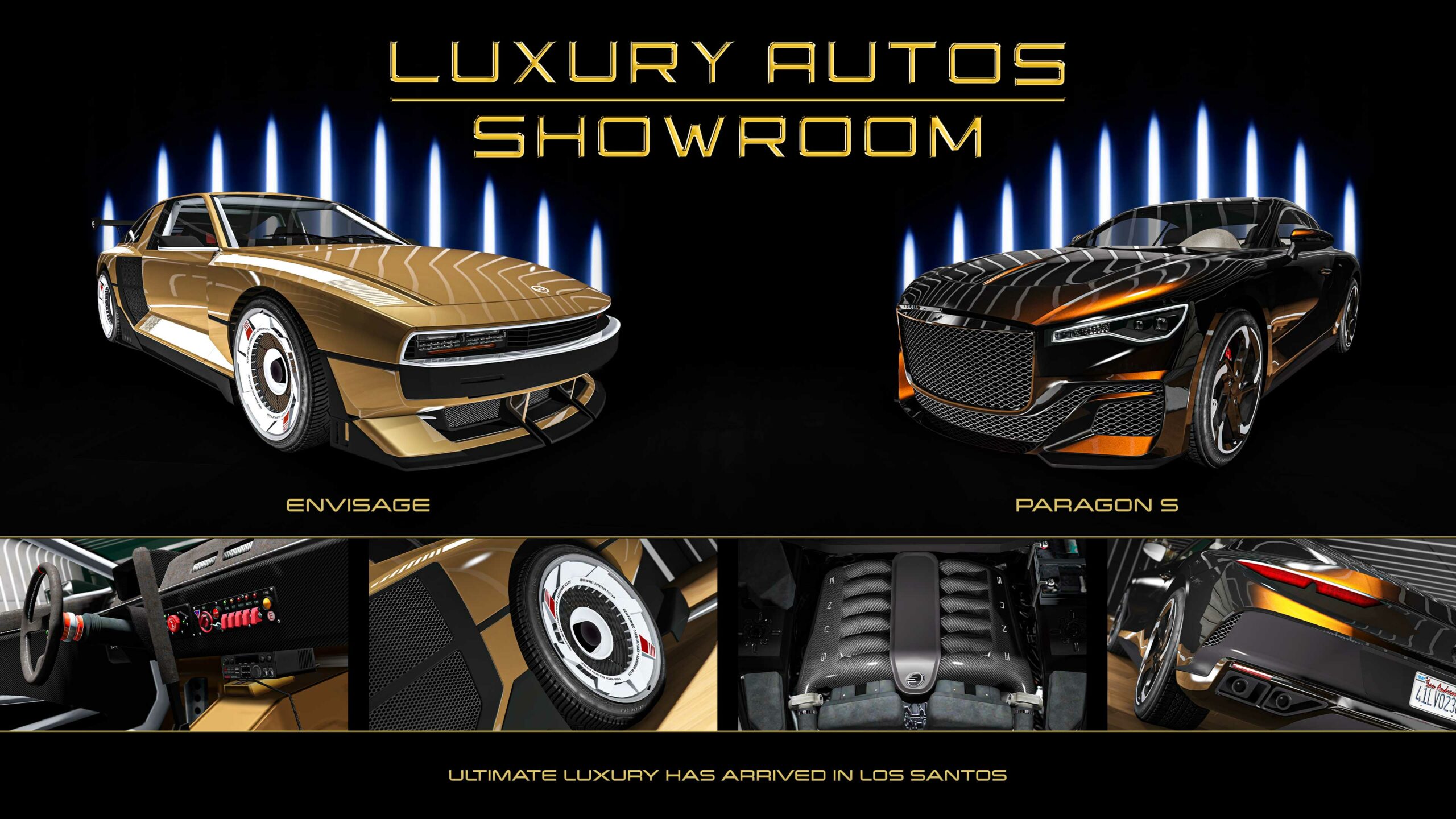 Pôster de dois carros da Luxury Autos. Esquerda: um Bollokan Envisage dourado com detalhes em branco e rodas com discos brancos. Direita: um Enus Paragon S com pintura brilhante do tipo sunburst.