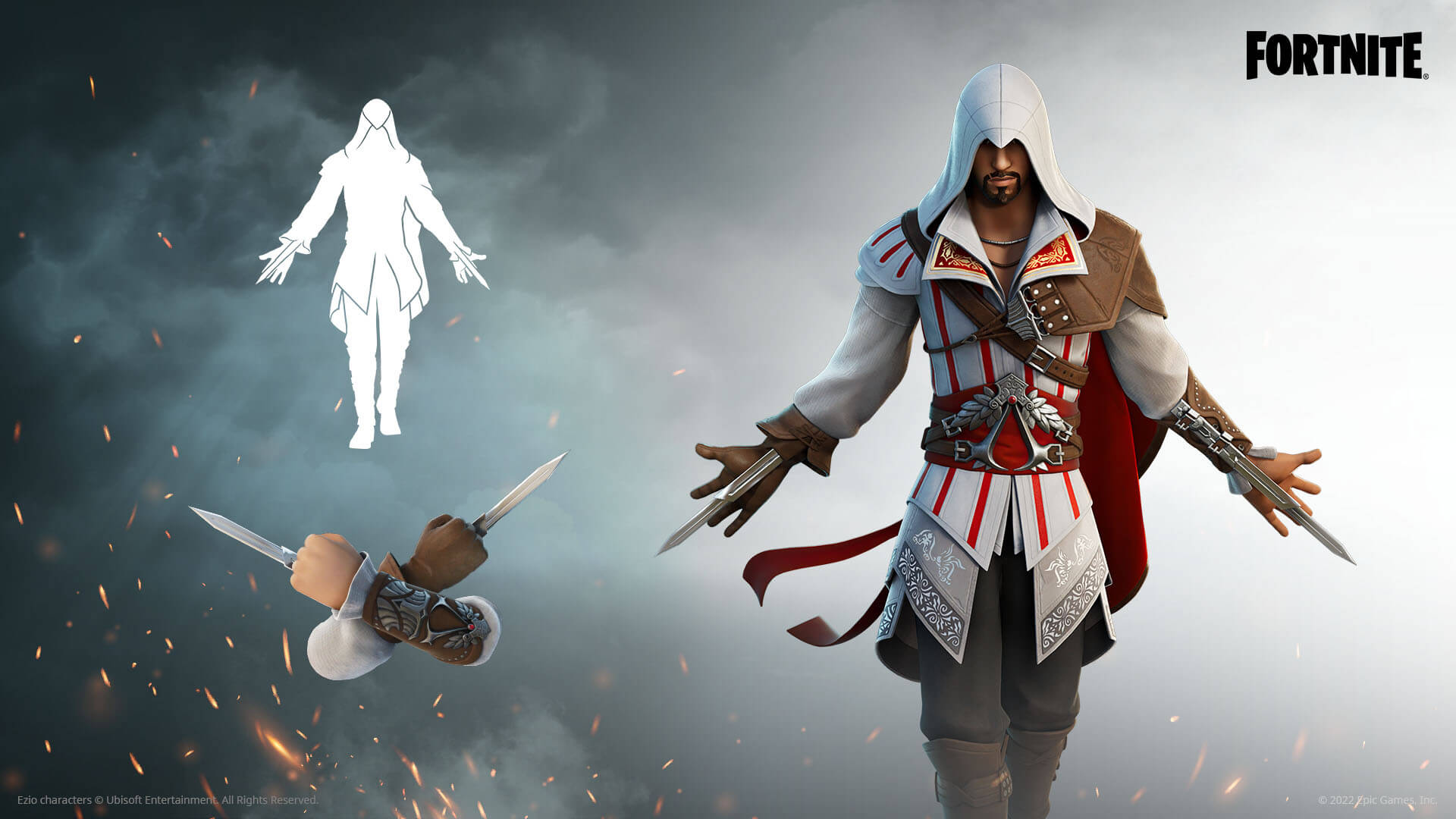 Ezio Auditore Outfit, Ezio’s Hidden Blade Pickaxe, and Assassin’s Strike Emote