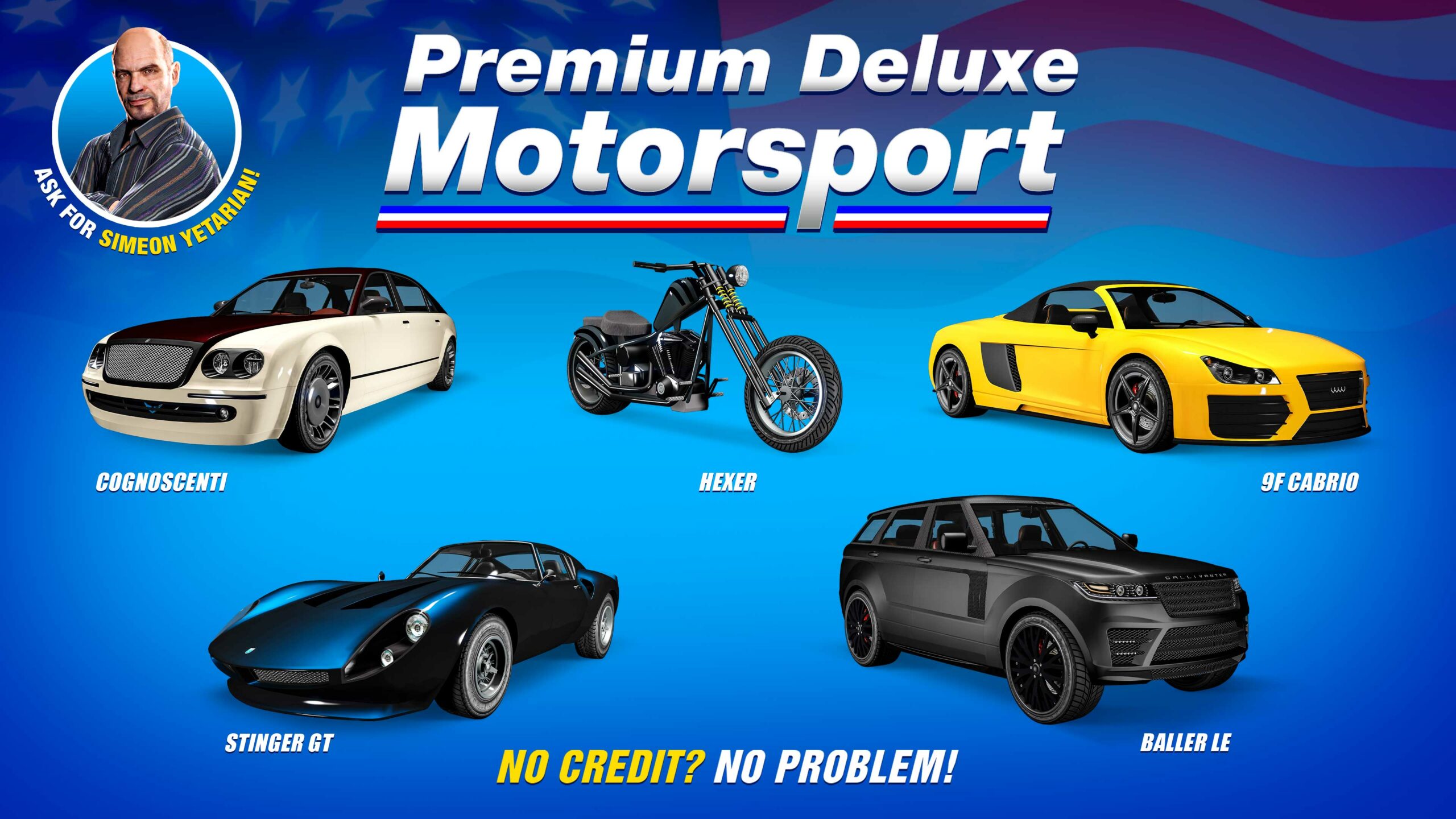 Pôster da Premium Deluxe Motorsport para cinco veículos: Grotti Stinger GT, Enus Cognoscenti, Gallivanter Baller LE, Obey 9F Cabrio e LCC Hexer.