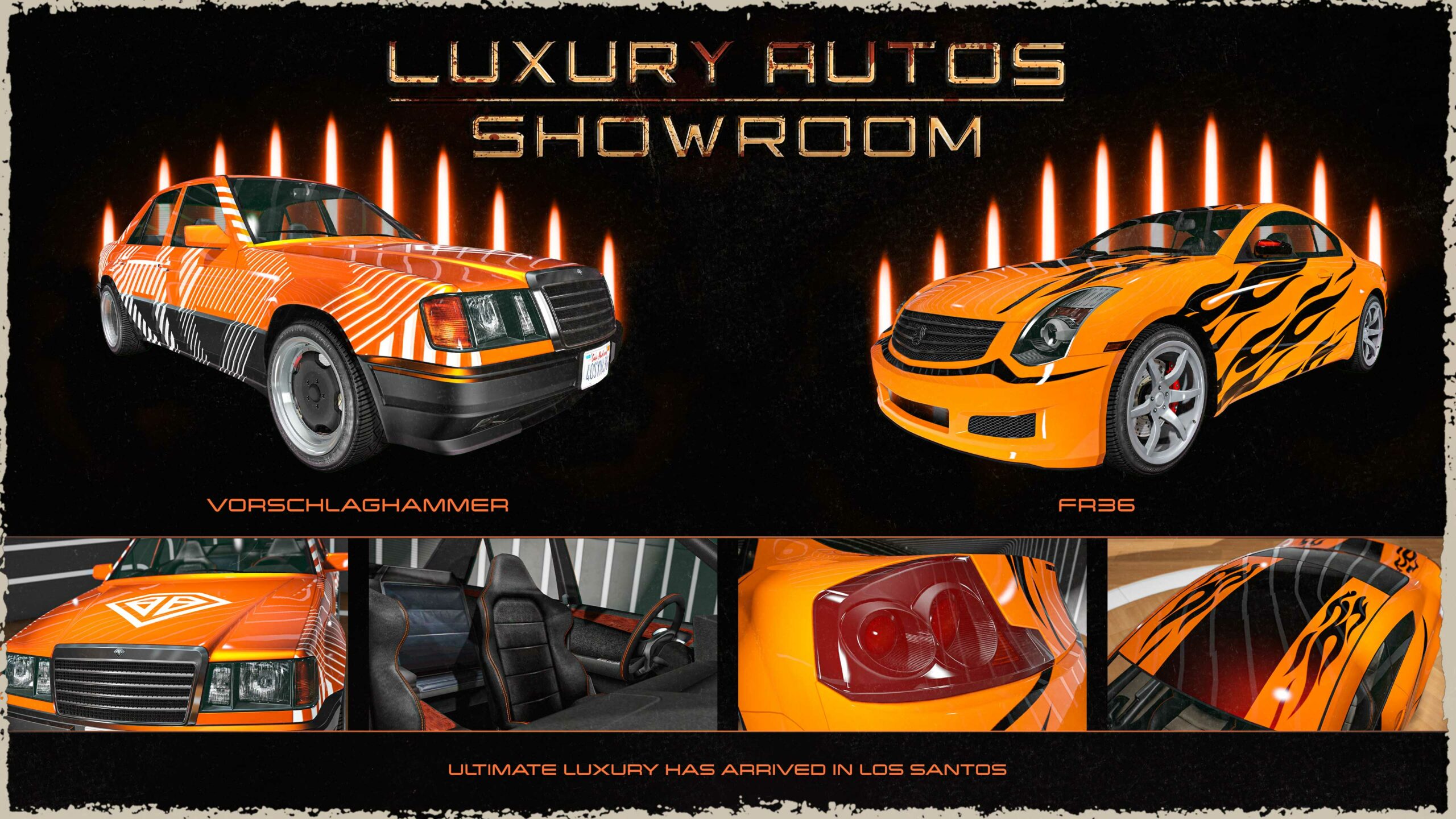 Cartaz da concessionária Luxury Autos. Esquerda: um carro Benefactor Vorschlaghammer laranja com detalhes de listras brancas. Direita: um carro Fathom FR36 laranja com estampa de chamas pretas.