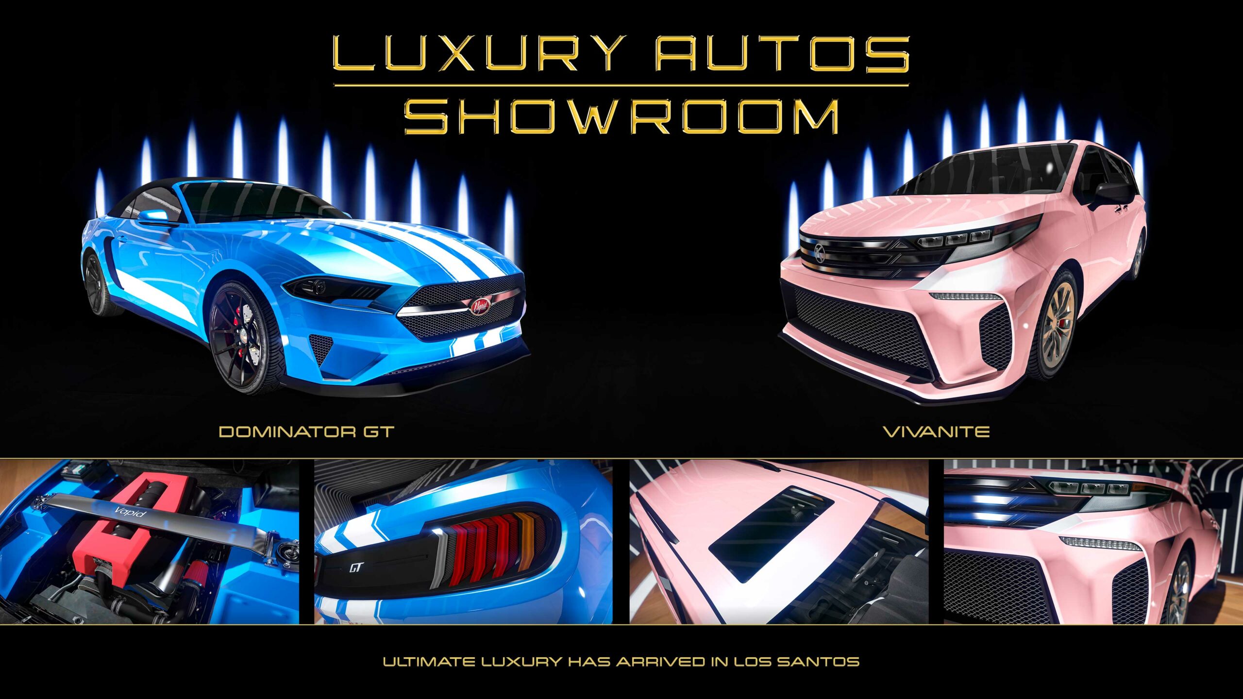 Pôster com dois carros da concessionária Luxury Autos. Esquerda: Vapid Dominator GT com pintura azul e listras de corrida brancas. Direita: Karin Vivanite com pintura rosa-claro.