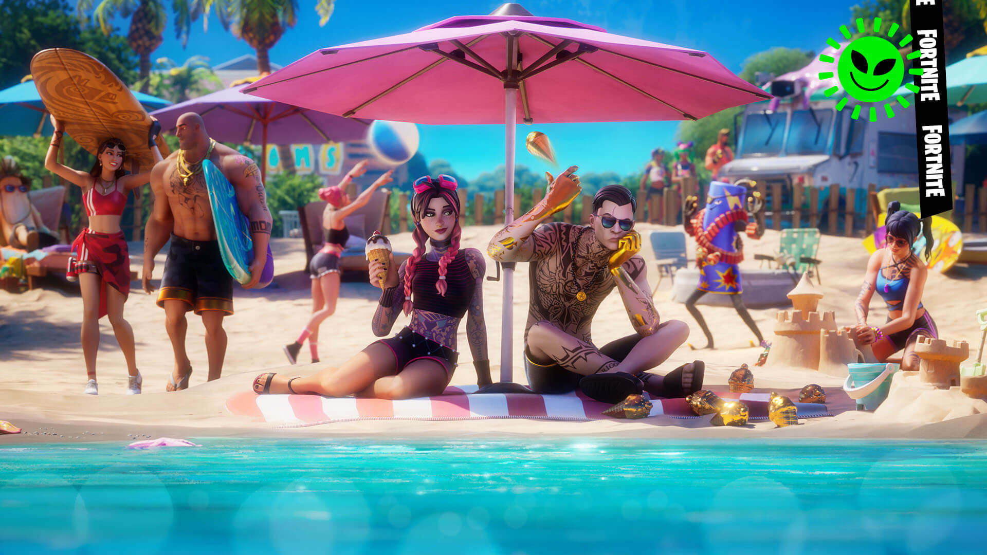 Fortnite Beach Brutus, Beach Jules, Midsummer Midas, and Scuba Crystal