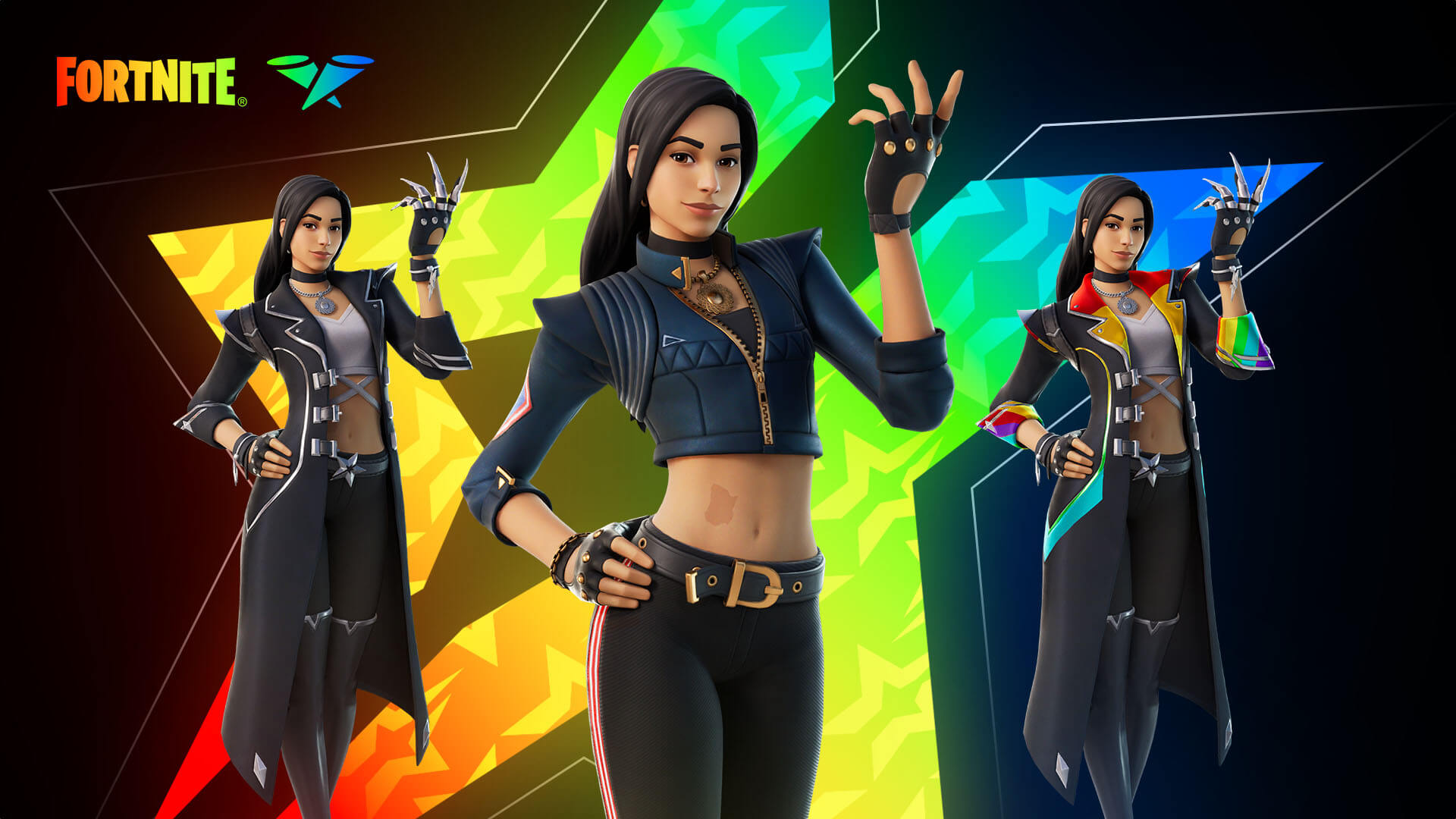 Traje Chica do Fortnite com estilos Sequência Prismática e Sequência Royale