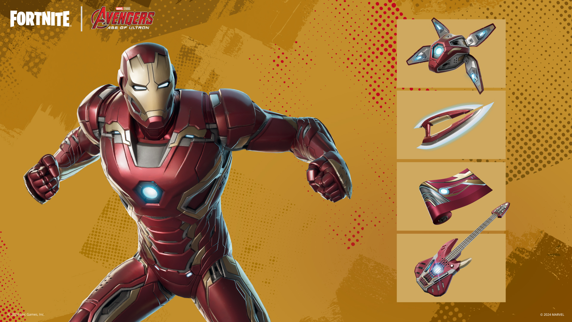 Fortnite Iron Man Mk 45 Outfit and matching accessories