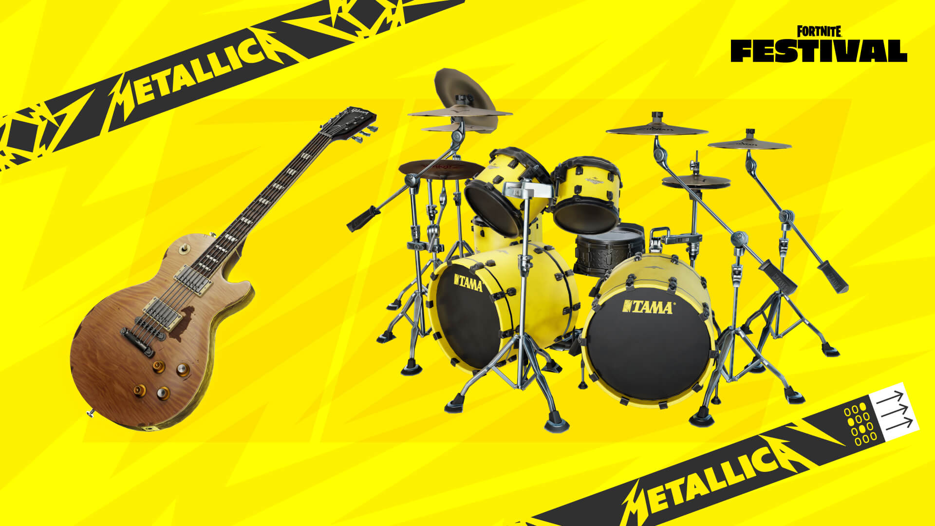 Bateria TAMA do Lars e Gibson Les Paul "Greeny" do Kirk no Fortnite