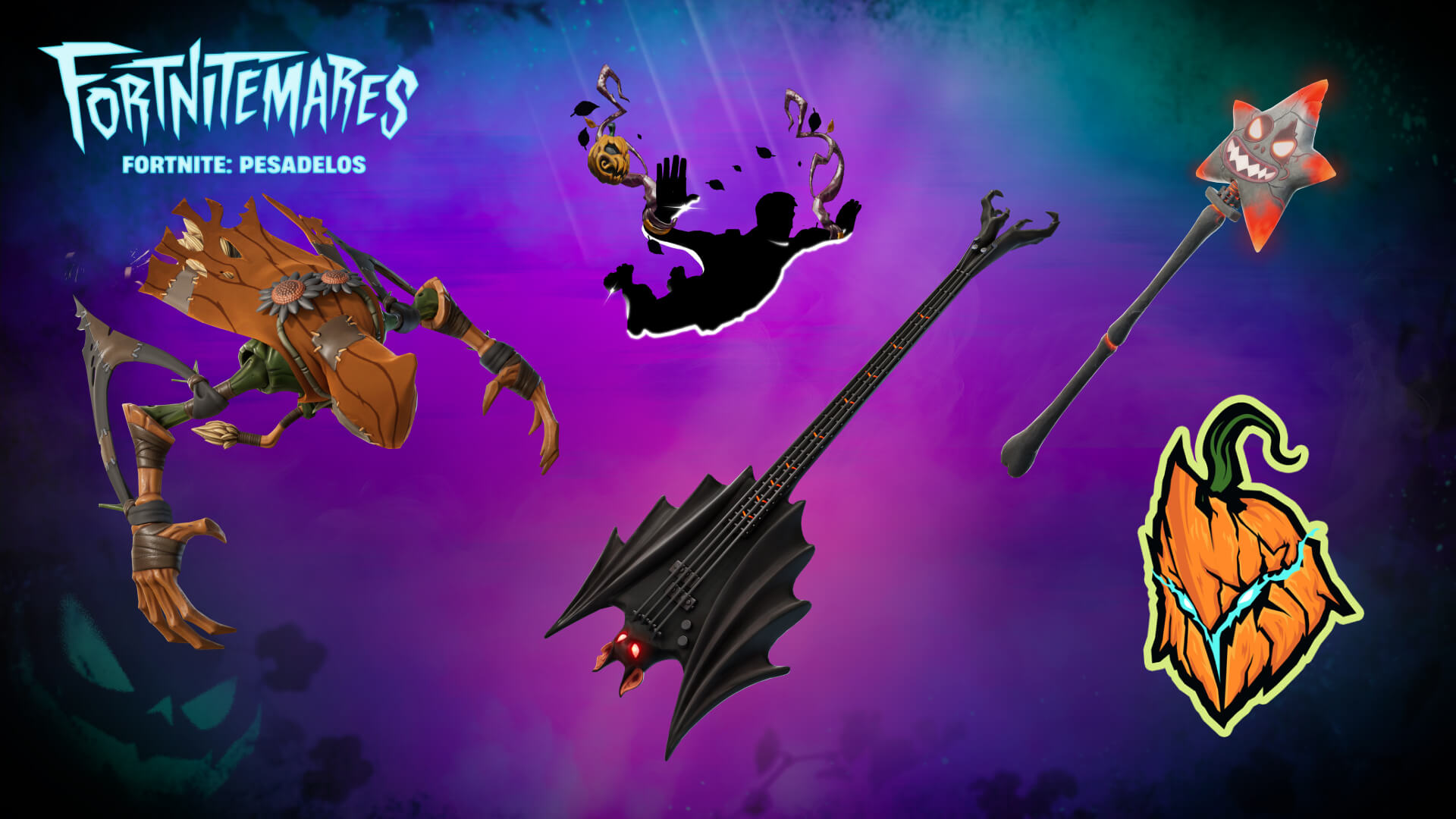 Fortnite The Fangler Bass, Guardian’s Flare Emoticon, Jack-o’-Drifter Contrail, Fiendish Wand Pickaxe, and The Great Scarecrow Glider