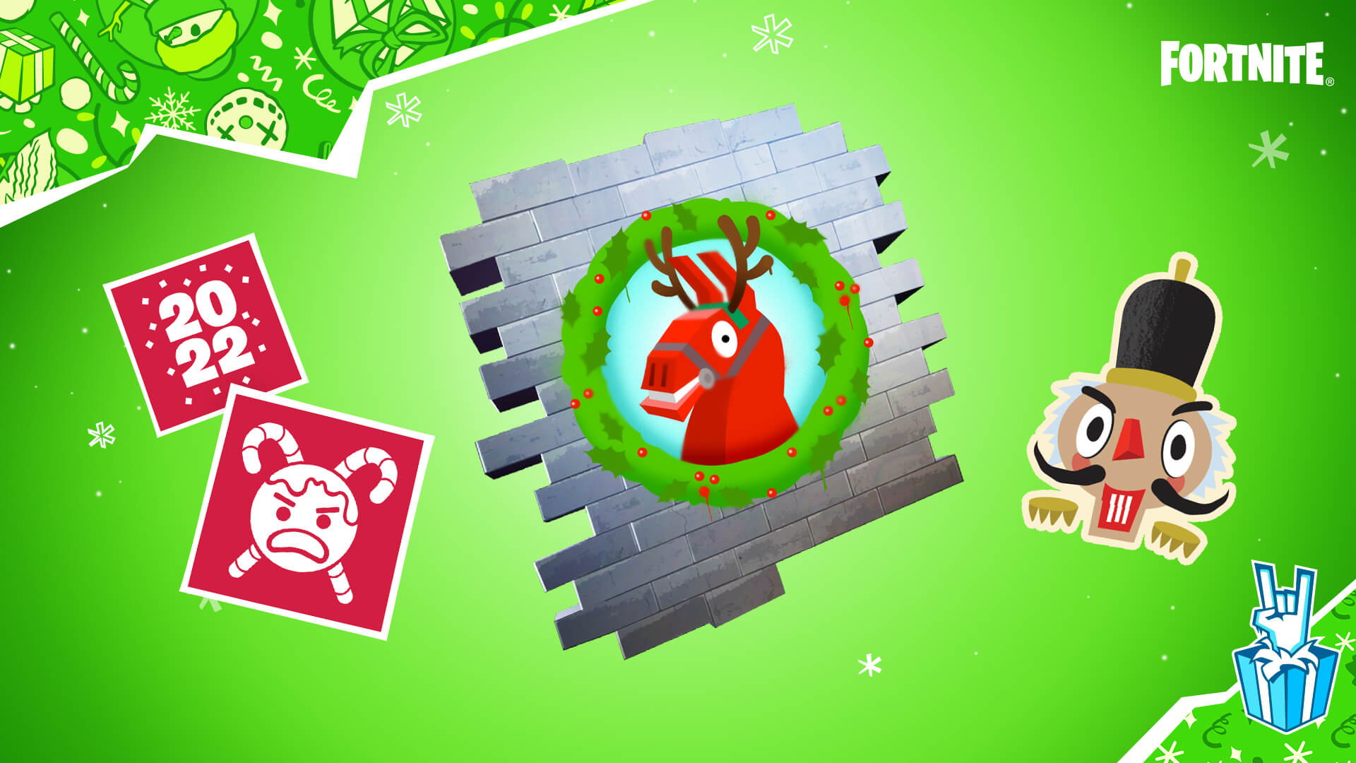 Fortnite Winterfest New Year's Banner, Merry Marauder Banner, Llamistletoe Spray, and Ol' Cracky Emoticon