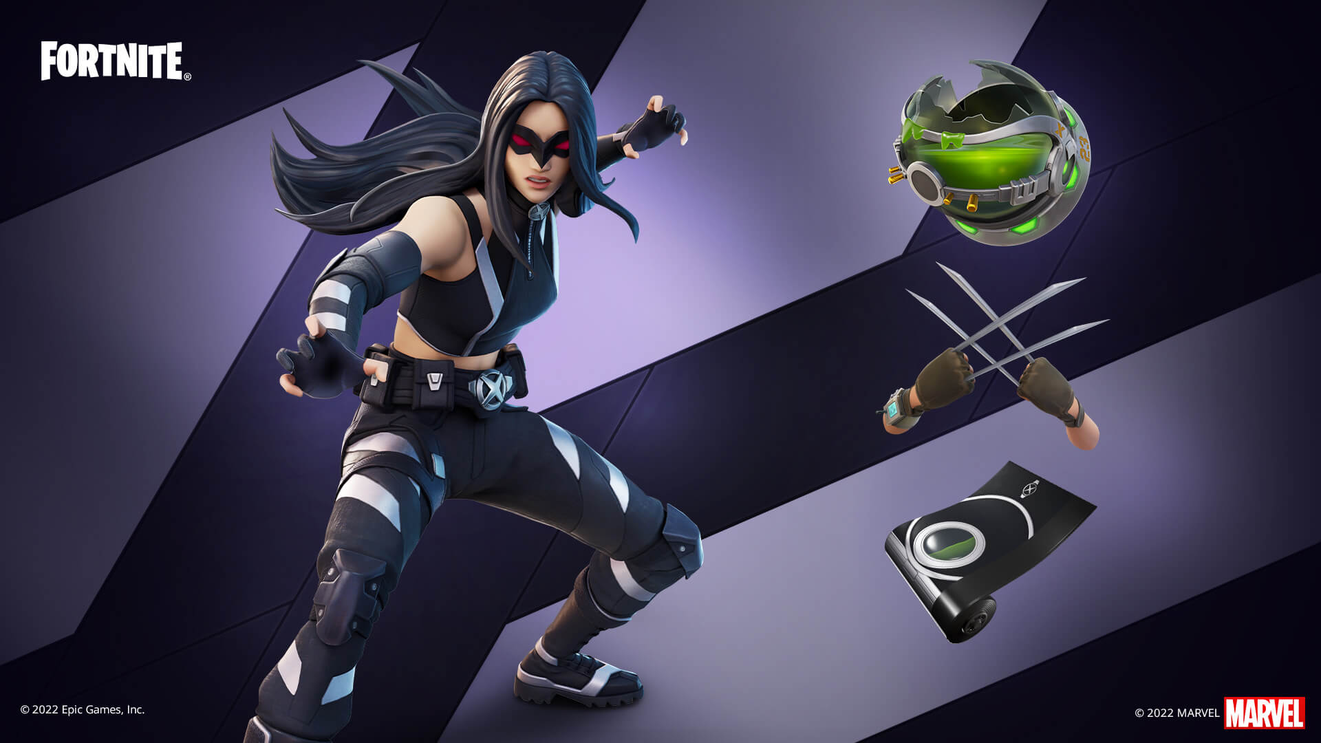 Fortnite X-23 Outfit, Clone Pod Back Bling, X-23's Adamantium Claws Pickaxe, and X Insignia Wrap