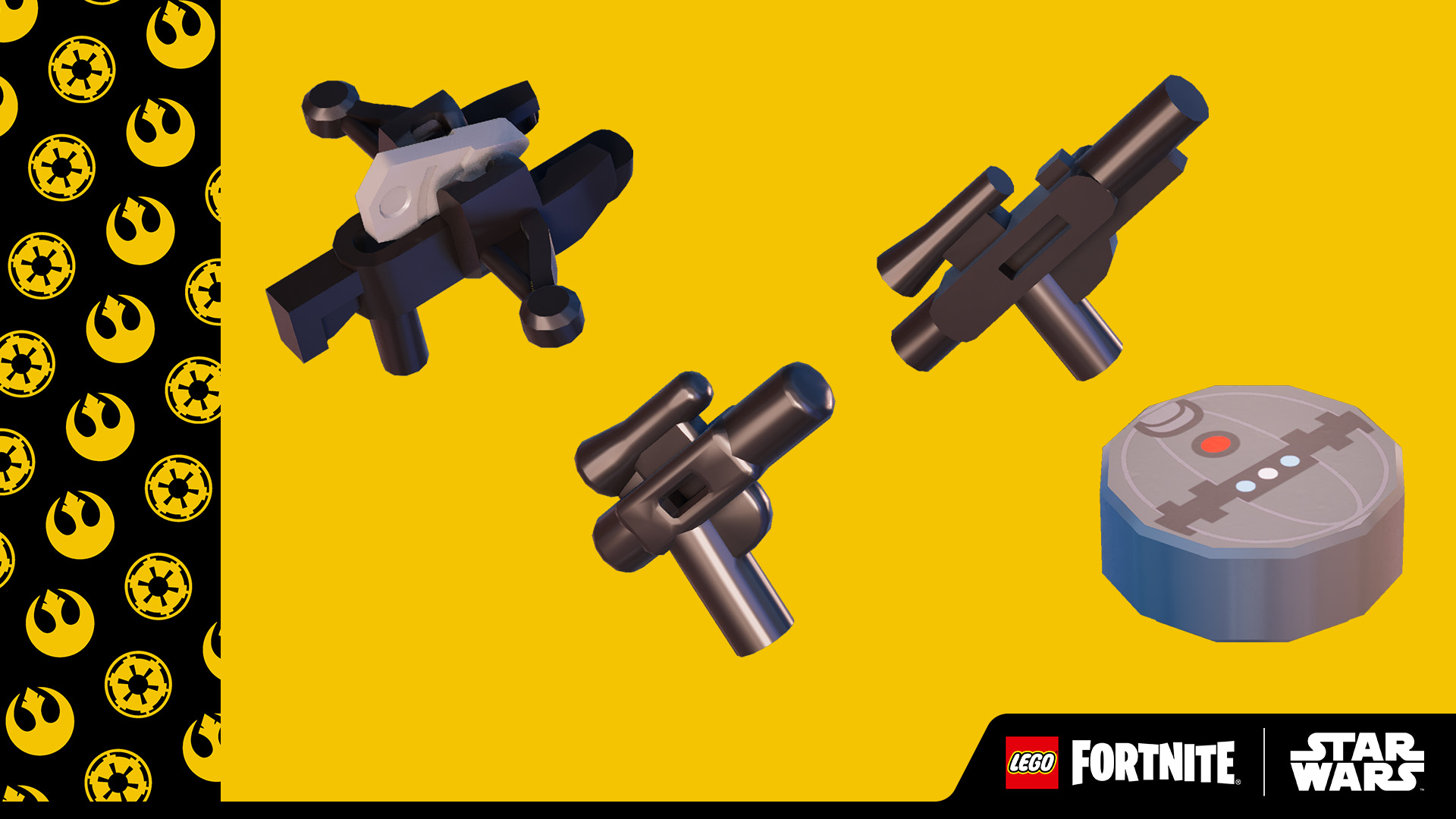 LEGO Fortnite Bowcaster, DL-44 Blaster, E-11 Blaster, and Thermal Detonator