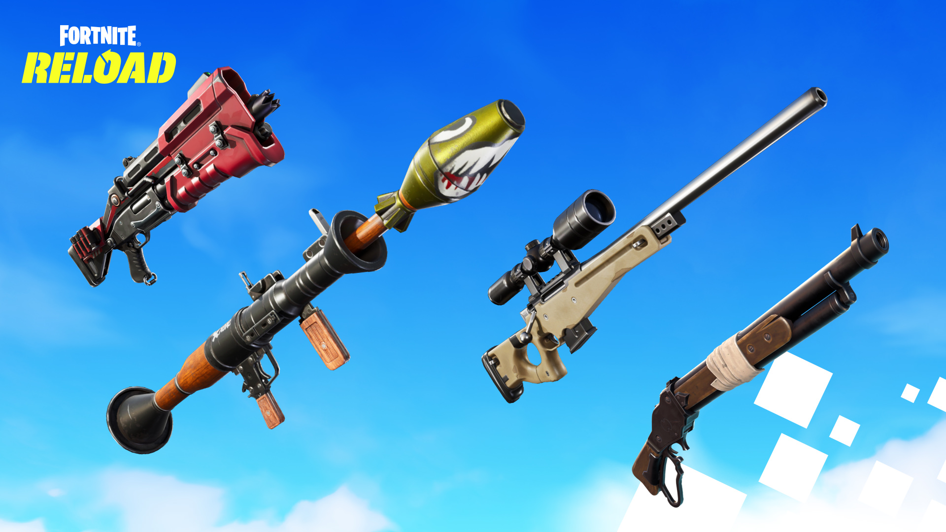 Fortnite Tactical Shotgun, Rocket Launcher, Bolt-Action Sniper Rifle, and Lever Action Shotgun