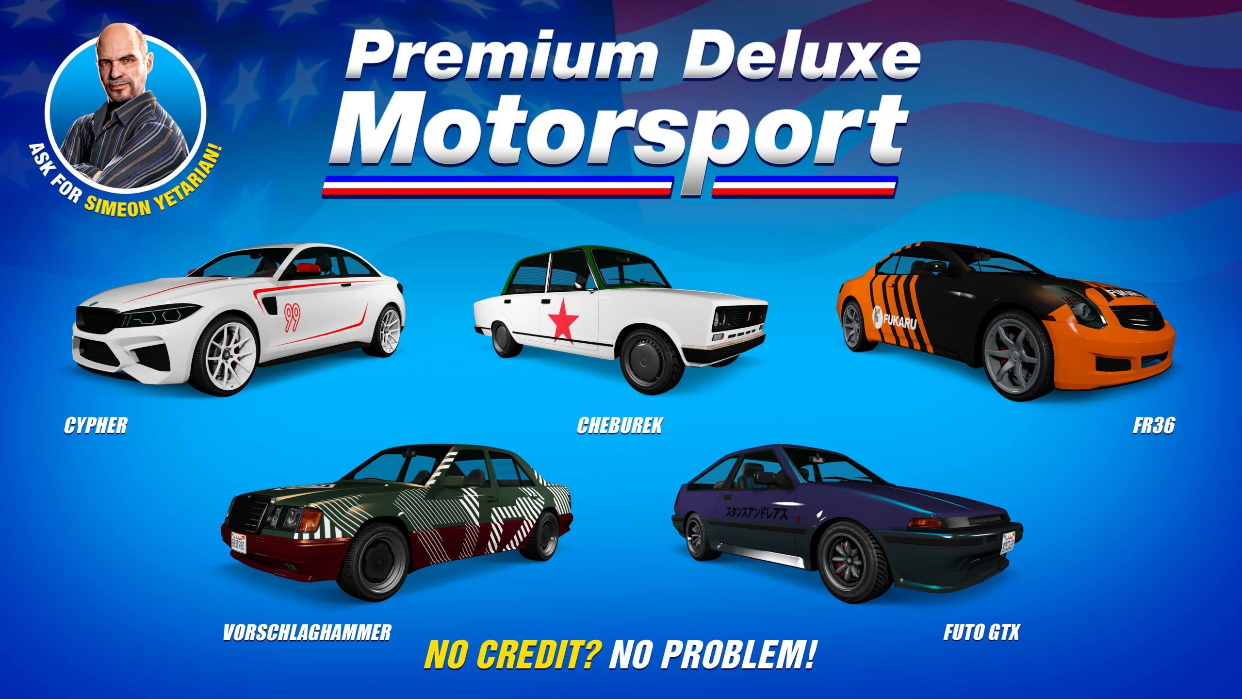 Pôster da concessionária Premium Deluxe Motorsport com cinco veículos: Übermacht Cypher, RUNE Cheburek, Fathom FR36, Karin Futo GTX e o Benefactor Vorschlaghammer.