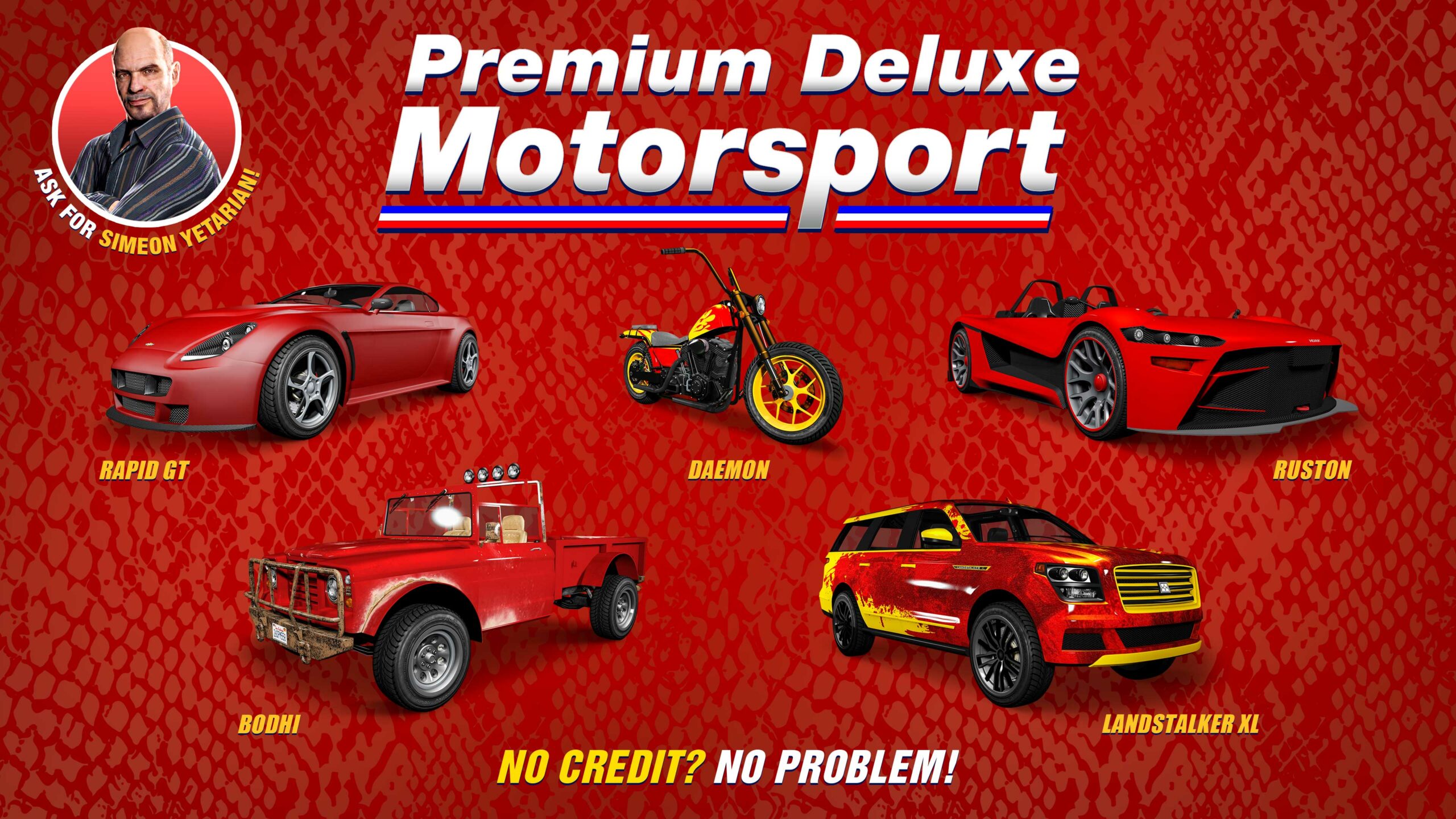 Pôster da Premium Deluxe Motorsport com cinco veículos: Western Daemon, Hijak Ruston, Dundreary Landstalker XL, Dewbauchee Rapid GT e Canis Bodhi.