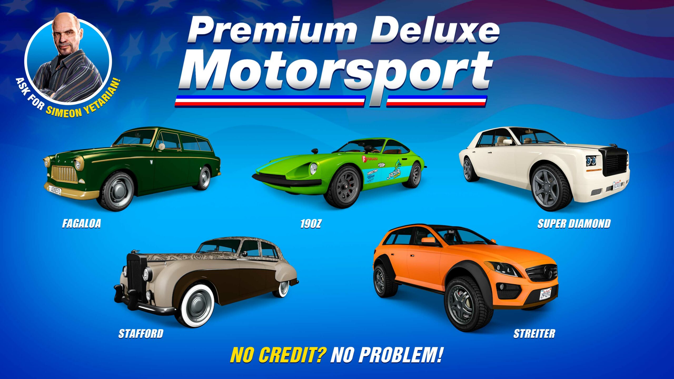 Pôster da Premium Deluxe Motorsport com cinco veículos: Enus Stafford, Karin 190z, Benefactor Streiter, Enus Super Diamond e Vulcar Fagaloa.